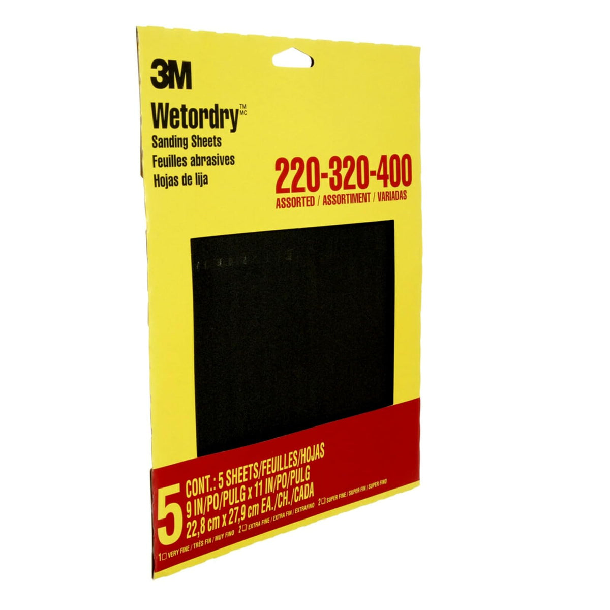 3M Wetordry - Papel de lija 5 hojas, 9 x 11 pulgadas, grano surtido (220/320 / 400), uso para lijar en húmedo y seco, para lijar entre capas de barniz, laca, pintura y otros acabados (9088DC-NA)