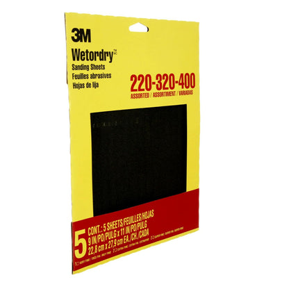 3M Wetordry - Papel de lija 5 hojas, 9 x 11 pulgadas, grano surtido (220/320 / 400), uso para lijar en húmedo y seco, para lijar entre capas de barniz, laca, pintura y otros acabados (9088DC-NA)