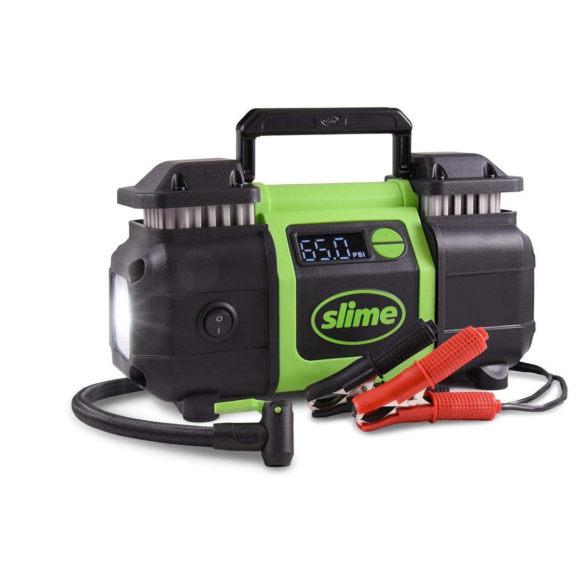 Slime 40083 Inflador de neumáticos, Super Duty Pro Power, conexión de batería, pistón Doble, con medidor Digital de 0 a 99 PSI, Manguera Larga y luz LED, Clips de cocodrilo, inflado de 2 Minutos
