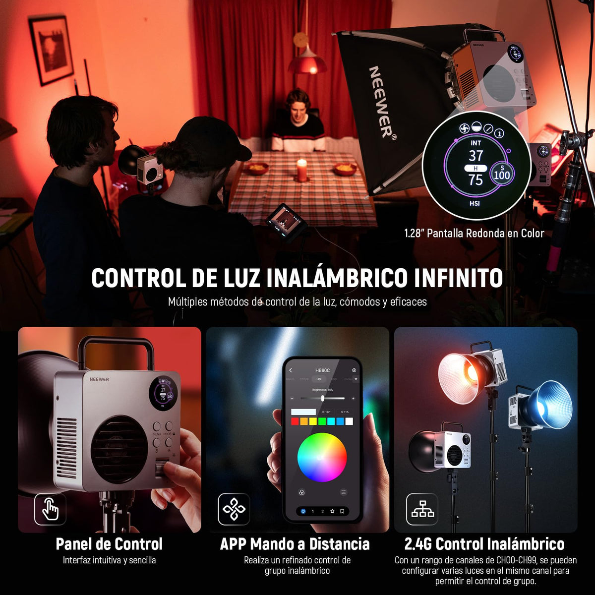 NEEWER HB80C RGBWW Luz Vídeo LED con Batería Incorporada 72Wh y PD 100W Carga Rápida 80W Mini RGB COB Iluminación Continua Foco Fotografía Portátil con Montaje Bowens 2500K-7500K 10400lux/m 18 Efectos