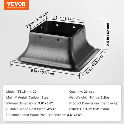 VEVOR 20 Piezas Soportes para Postes de Madera 4" x 4"(102 x 102 mm) Base Interna de Poste de Acero al Carbono para Anclaje de Poste de Madera Estándar de , de Terraza, Porche