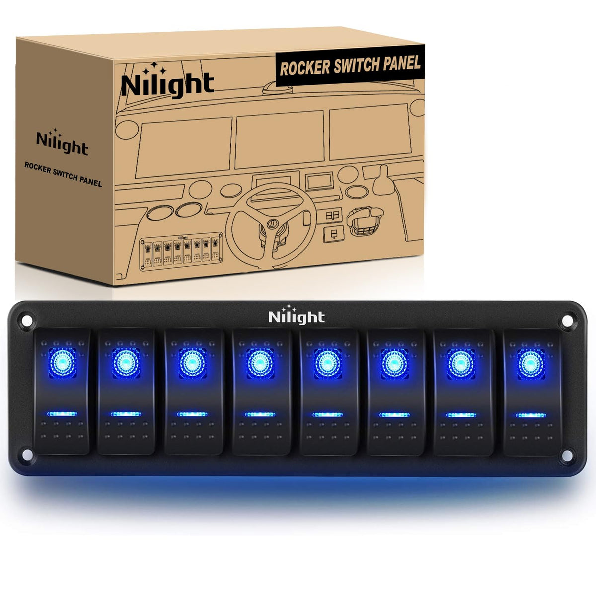 Nilight Interruptor de aluminio de 8 bandas, interruptor de 5 pines, interruptor precableado, interruptor retroiluminado azul para automóvil, barco, caravana, 2 años de garantía