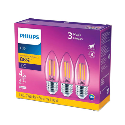 Philips LED Vela luz cálida 4.5W = 40W base E27 3pack