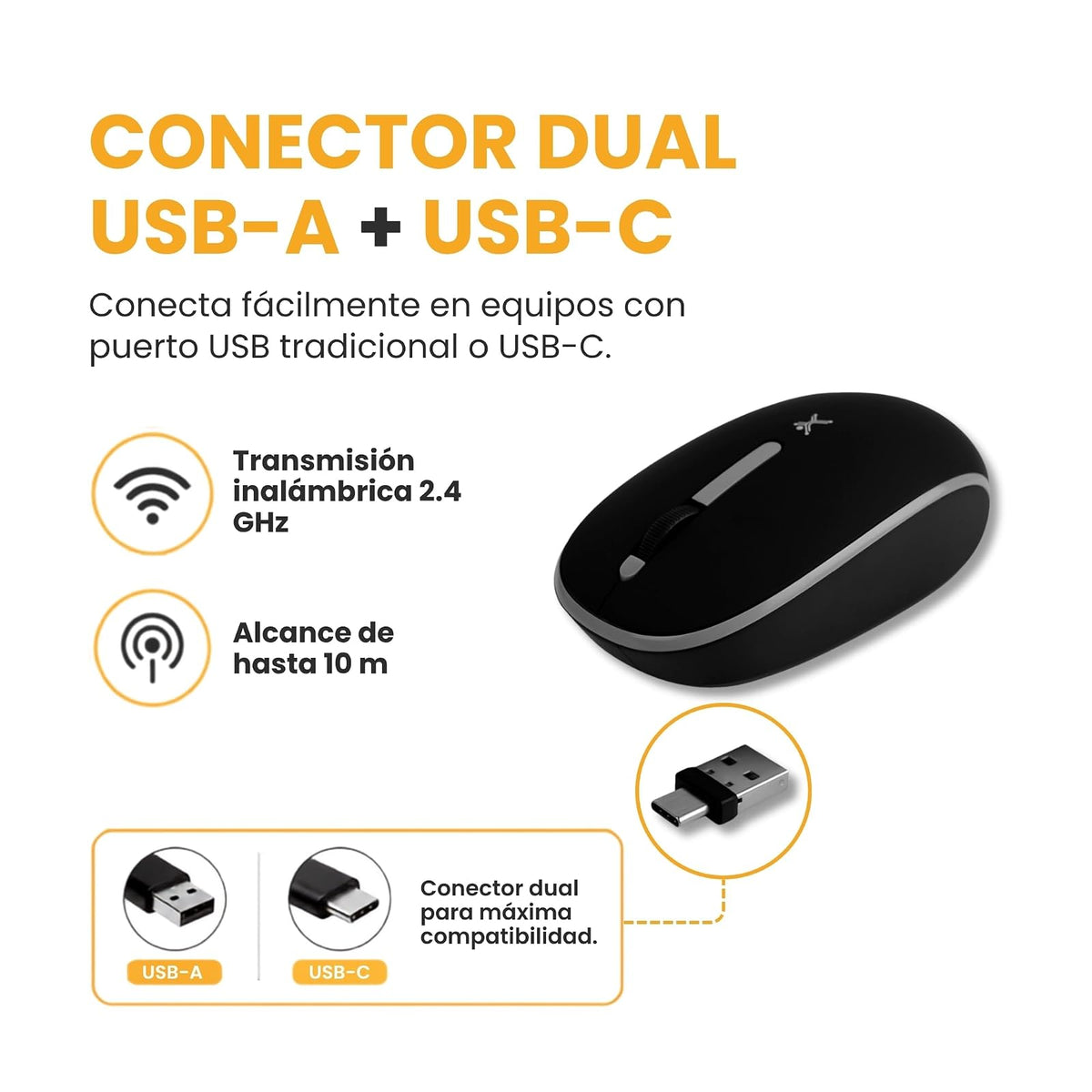 PERFECTCHOICE Mouse Inalámbrico Clic Silencioso dpi 1000 con Conector Dual USB A/C Whisper (Negro)