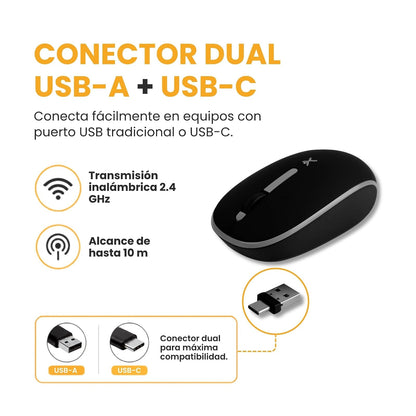PERFECTCHOICE Mouse Inalámbrico Clic Silencioso dpi 1000 con Conector Dual USB A/C Whisper (Negro)