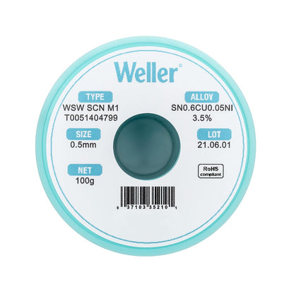 Weller WSW SCN M1 (T0051404799) Alambre de soldadura, diámetro: 0,5 mm / 0,020 in, peso: 100 g / 3,527 oz, aleación Sn99.3Cu0.6Ni0.05, contenido de flujo 3,5%
