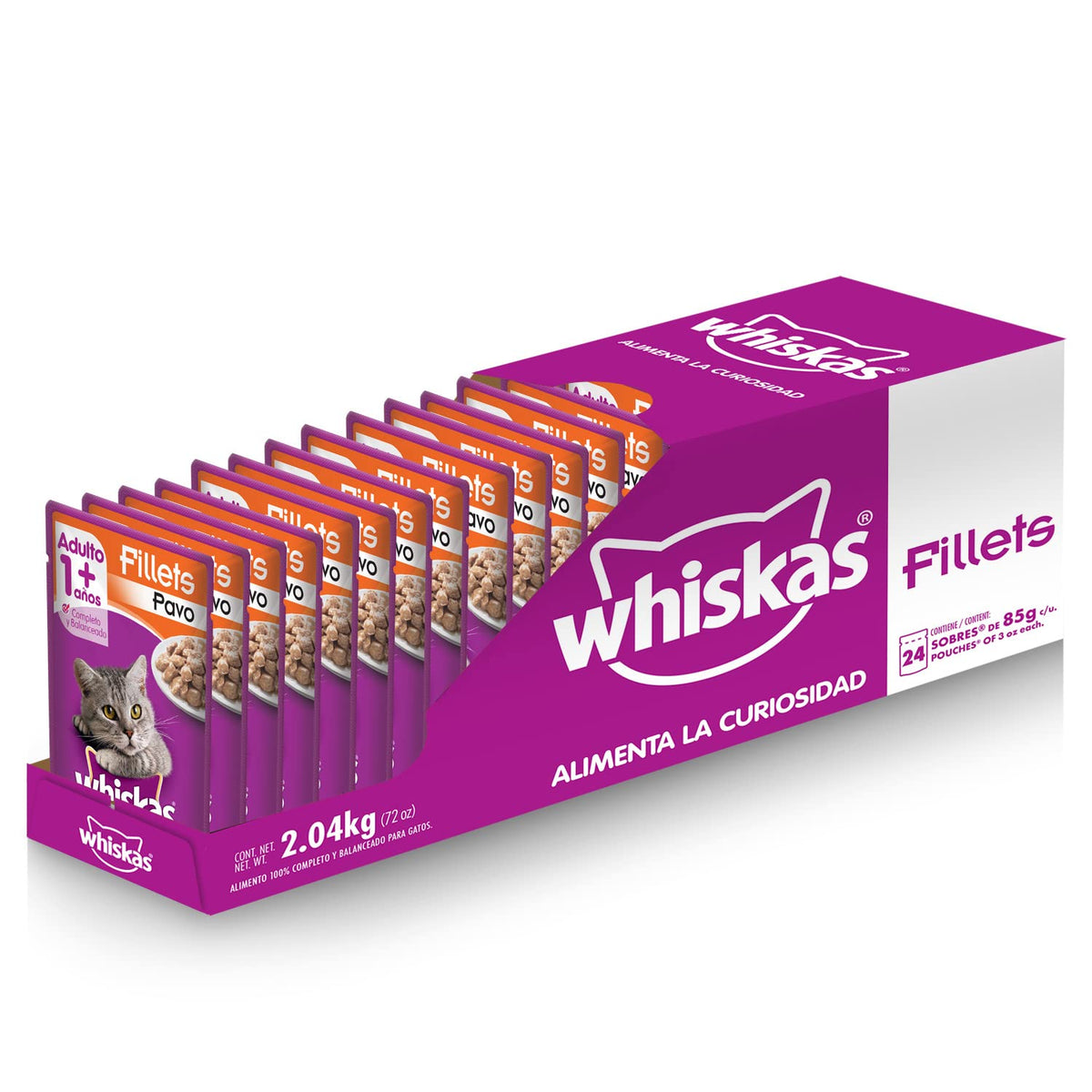 Whiskas Alimento Húmedo para Gatos, Sabor Filete Pescado Blanco, 85g c/u. Paquete de 24 Unidades + Alimento Húmedo para Gatos, Sabor Filetes De Pavo 85g c/u. Paquete de 24 Unidades
