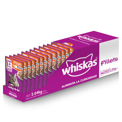 Whiskas Alimento Húmedo para Gatos, Sabor Filete Pescado Blanco, 85g c/u. Paquete de 24 Unidades + Alimento Húmedo para Gatos, Sabor Filetes De Pavo 85g c/u. Paquete de 24 Unidades