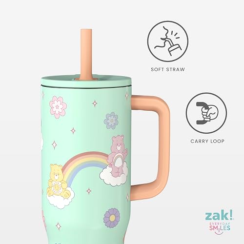 Zak Designs Care Bears Sutton - Vaso de viaje para uso en movimiento, acero inoxidable de 30 onzas con aislamiento al aspiradora, popote de silicona y asa de transporte para bebidas frías (osos de