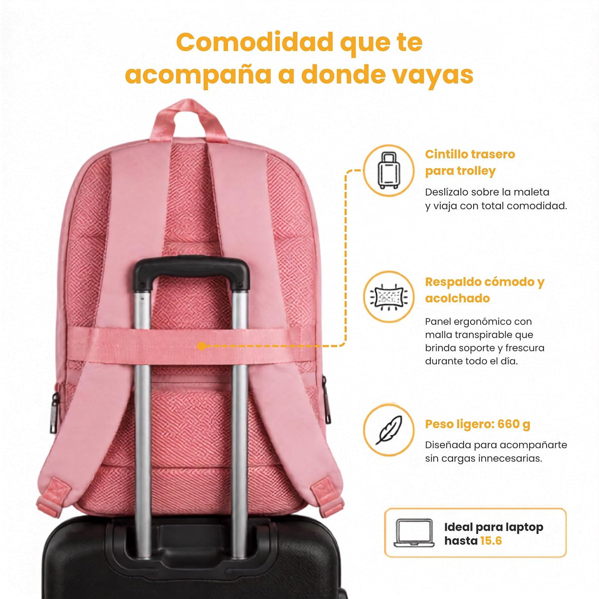 PERFECTCHOICE Mochila para laptop 15.6" Anti-salpicaduras Expandible PC-085140 Obsidia Color Rosa