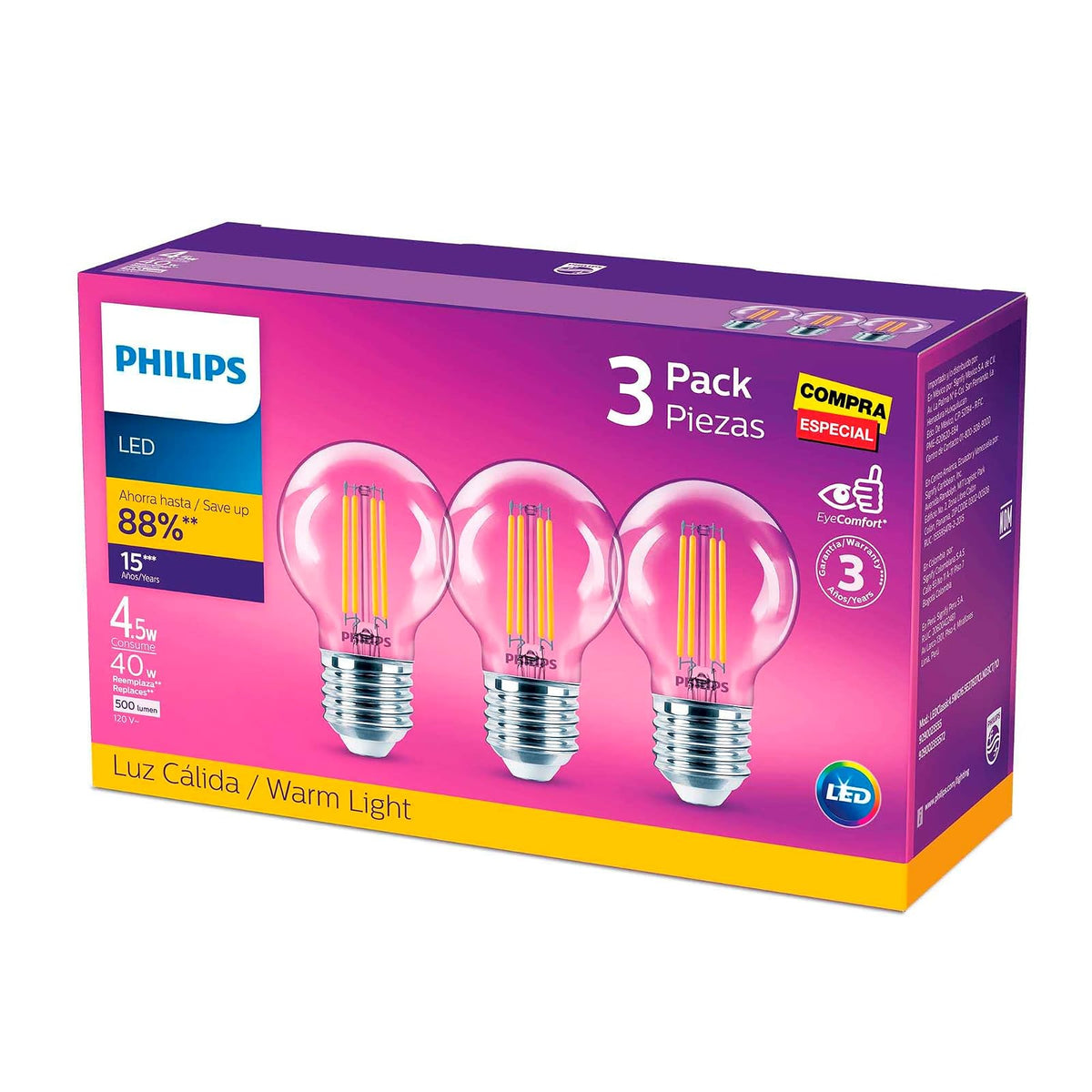 Philips LED 3 Focos Filamento G16.5 Luz Cálida