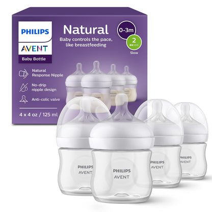 Philips Avent Biberón Natural Response, Flujo Lento, 4 Oz - Transparente - 4 Fl Oz (Pack of 4) - 4 onzas (paquete de 4) - 4 onzas