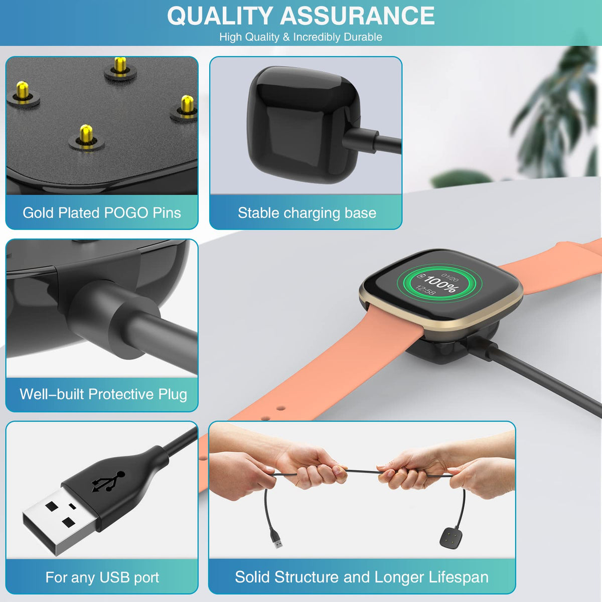 Trami Paquete de 2 compatibles con Fitbit Sense&Versa 3, Cable de Carga USB de Repuesto para Reloj Versa 3/Versa 4/Sense/Sense 2, 3.3 pies + 3.3 pies