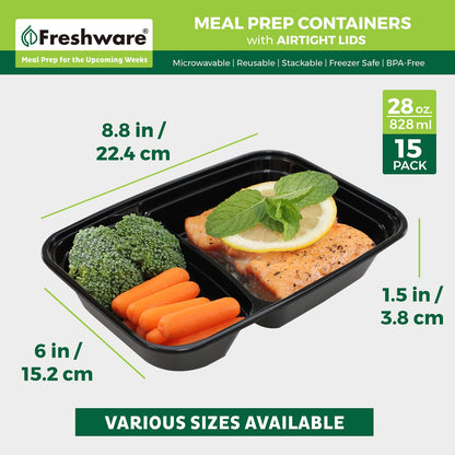 Freshware - Recipientes para preparación de comidas (15 unidades), 2 compartimentos con tapas, caja bento, sin BPA, apilables, aptos para microondas/lavaplatos/congelador (32 onzas), negro, 28