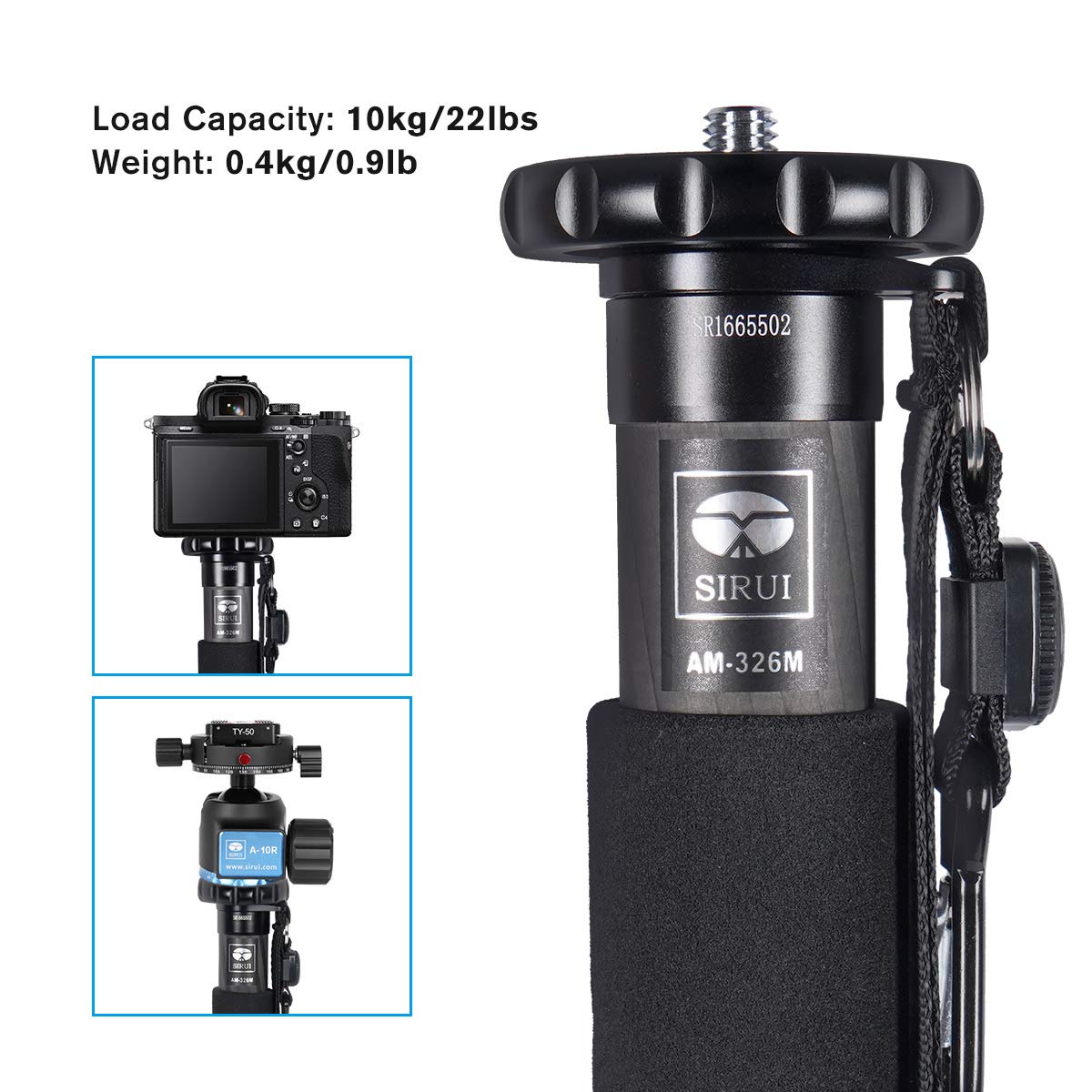 Sirui 61.4" Monopié Fotográfico de Cámara, Monopié de Video de Fibra de Carbono, Carga Máxima de 10kg para Cámaras, DSLR, Videocámara - AM-326M