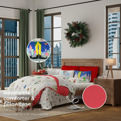 Franco - Juego de edredón y sábanas supersuaves, ropa de cama de festividades y Navidad de película de Buddy el duende NYC con funda de almohada, 7 piezas, tamaño queen (producto con licencia oficial)