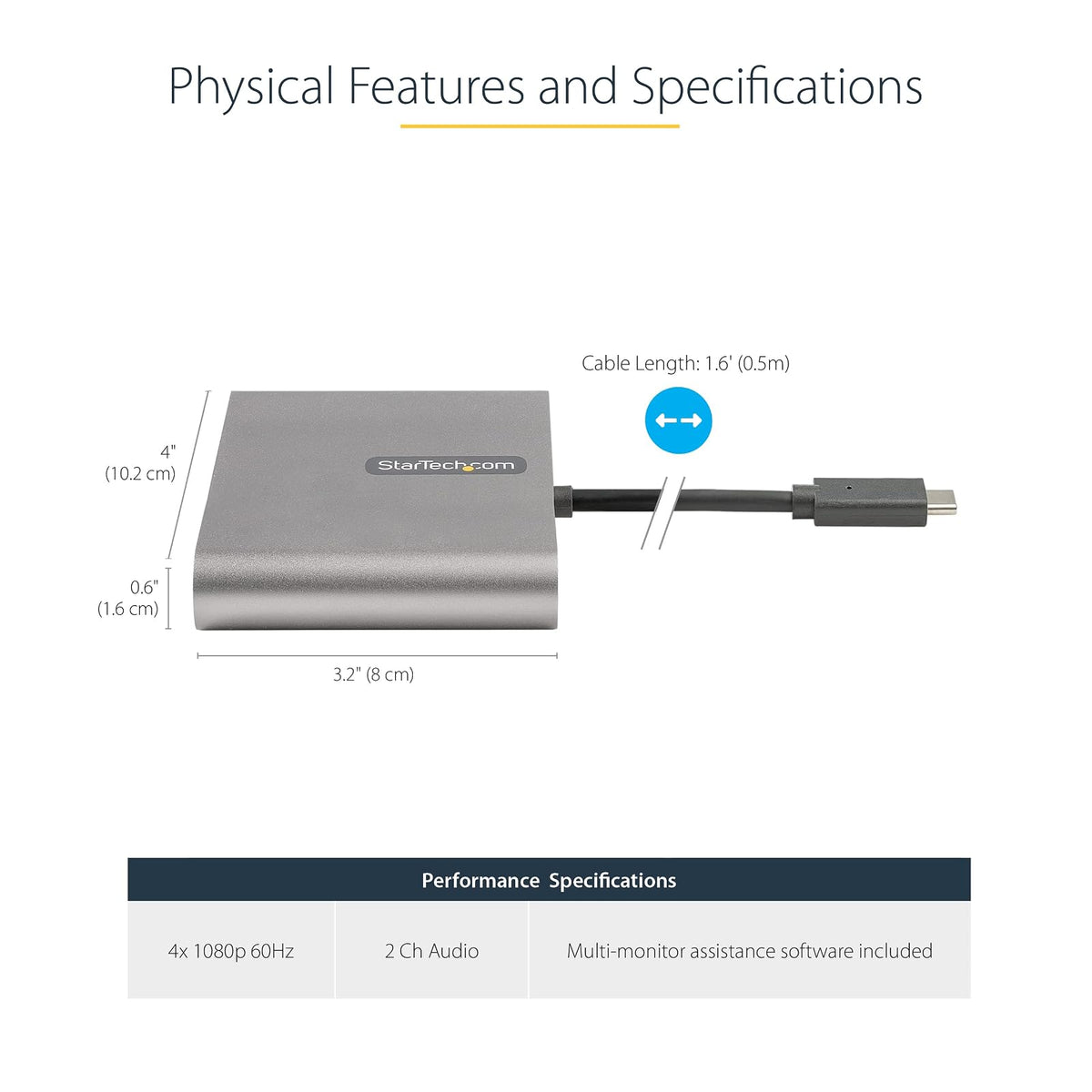 StarTech.com Adaptador USB-C a 4 Puertos HDMI - Tarjeta Gráfica y de Video Externa - Dongle Llave USB Tipo C a 4x HDMI - 1080p a 60Hz - Conversor Multimonitor USB a HDMI - Solo para Windows (USBC2HD4)