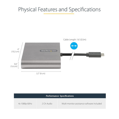 StarTech.com Adaptador USB-C a 4 Puertos HDMI - Tarjeta Gráfica y de Video Externa - Dongle Llave USB Tipo C a 4x HDMI - 1080p a 60Hz - Conversor Multimonitor USB a HDMI - Solo para Windows (USBC2HD4)