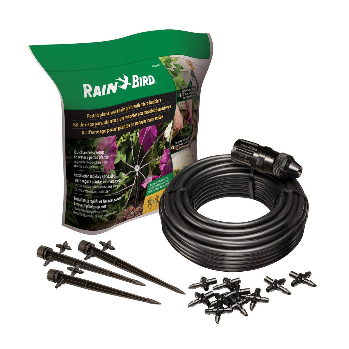 Rain Bird POTTEDKIT Recipiente de riego por goteo/kit de riego de plantas en maceta, se conecta a llave/manguera de jardín, tubo de goteo de 1/4 pulgadas, micro burbujas de 360°, accesorios en T y