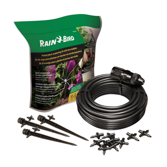 Rain Bird POTTEDKIT Recipiente de riego por goteo/kit de riego de plantas en maceta, se conecta a llave/manguera de jardín, tubo de goteo de 1/4 pulgadas, micro burbujas de 360°, accesorios en T y