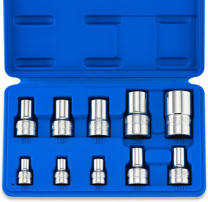 Neiko 02473A - Juego de enchufes Torx Plus externos, 10 piezas, EP6 de 1/4 pulgadas, EP8, EP10 de 3/8 pulgadas, EP16, unidad cuadrada de 1/2 pulgadas, EP18 y EP24, acero CR-V