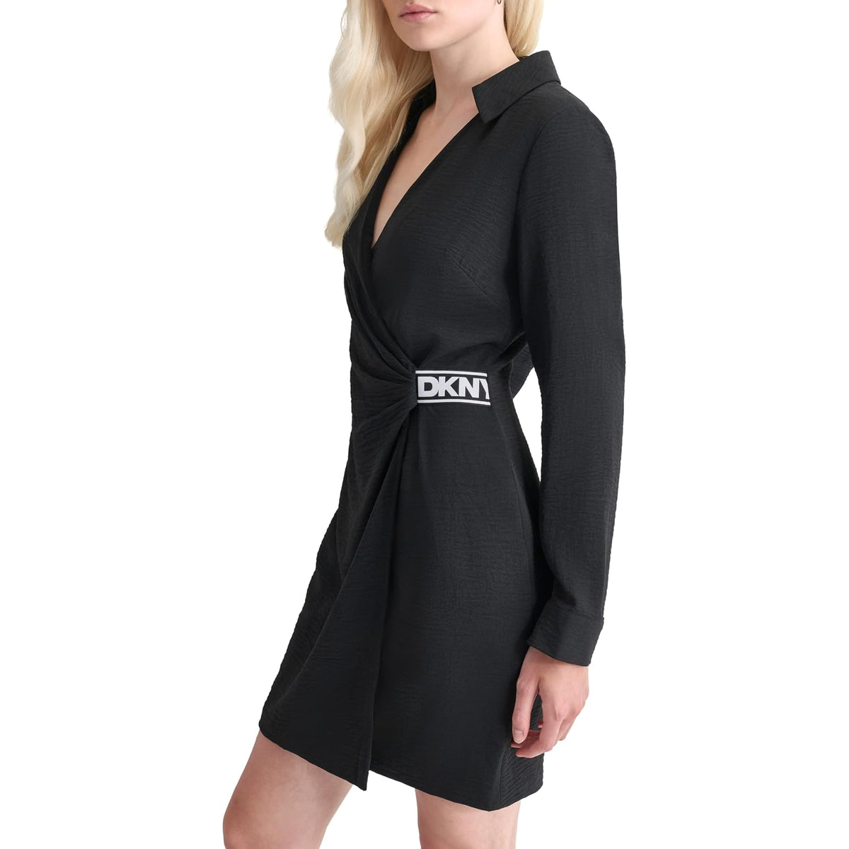 DKNY Vestido de Gasa de Manga Larga con Cuello Vestido para Mujer