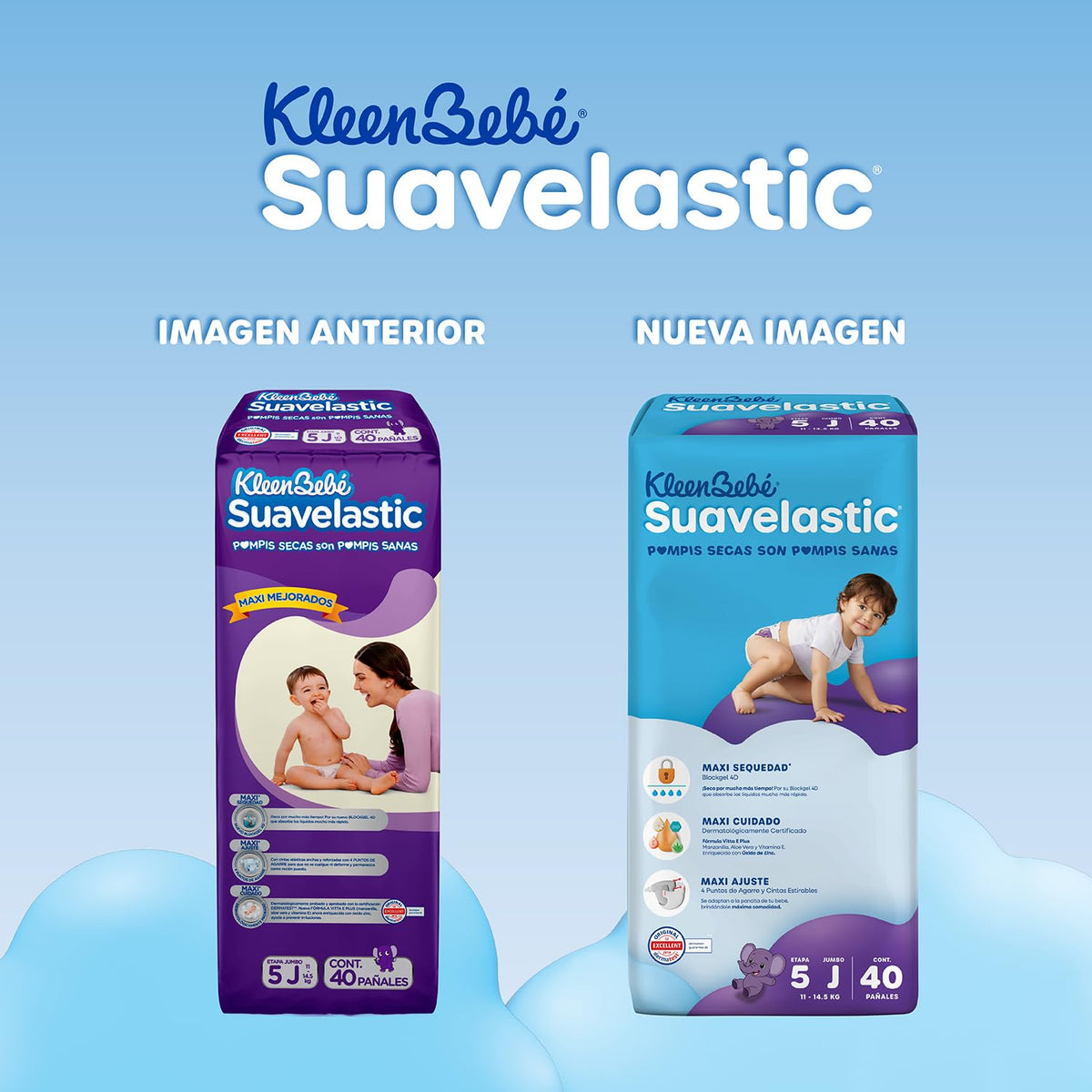 KleenBebé Suavelastic Pañal Desechable para Bebé, Talla Jumbo Unisex, Paquete con 40 Piezas, Ideal para Bebés de 11 a 14.5 kg