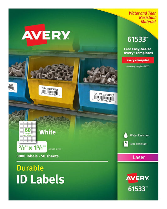 Avery Etiquetas de identificación blancas duraderas para impresoras láser, 0.67 x 1.75, paquete de 3000 (61533)