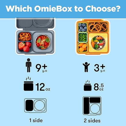 OmieBox UP Bento Box para niños | Lonchera aislada | Tarro de alimentos termo a prueba de fugas | Paquete de hielo enfriador | 2 compartimentos (grafito)