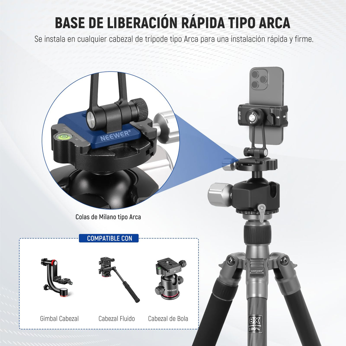 NEEWER SP-02 Típode Móvil Montaje Adaptador con Placa Liberación Rápida Arca Zapata Fría 360° Rotación 180° Tilt Paño Limpieza, Soporte Plegable Compatible con iPhone Android Samsung para Grabación