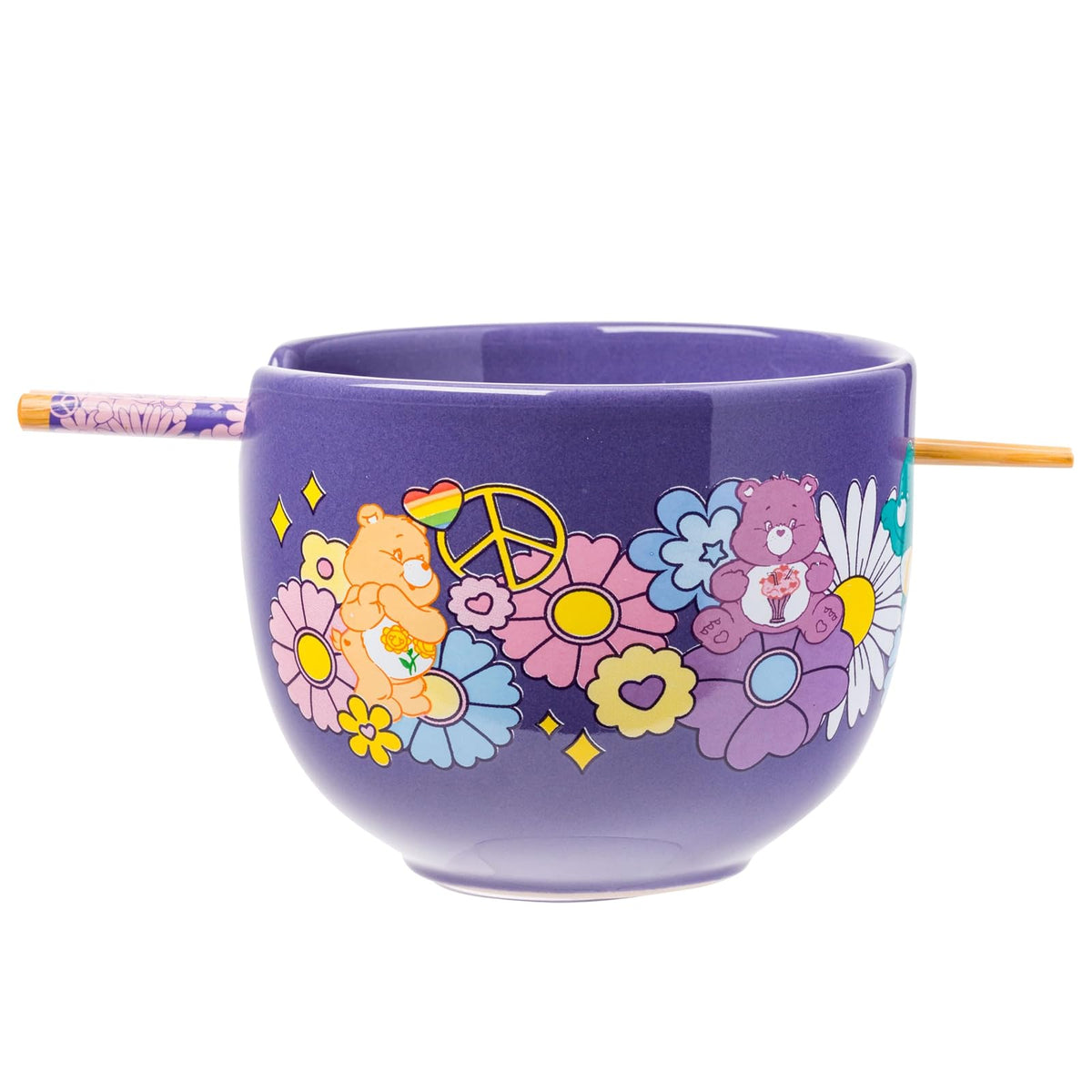 Silver Buffalo Tazón de Cerámica para Ramen con Palillos y Cuchara, 592 ml - Care Bears Groovy Flower Power
