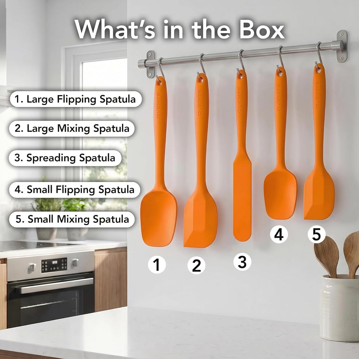 OVENTE Juego de utensilios de cocina de silicona – Espátulas de goma de grado alimenticio de silicona resistente al calor con núcleo de acero inoxidable y diseño sin costuras, espátula de goma antiad