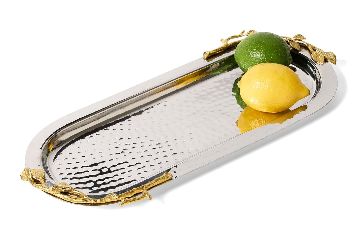 Elegance Dorado Vine - Bandeja Ovalada de Acero Inoxidable martillada, 15.25 x 5.75 Pulgadas, Plateado/Dorado