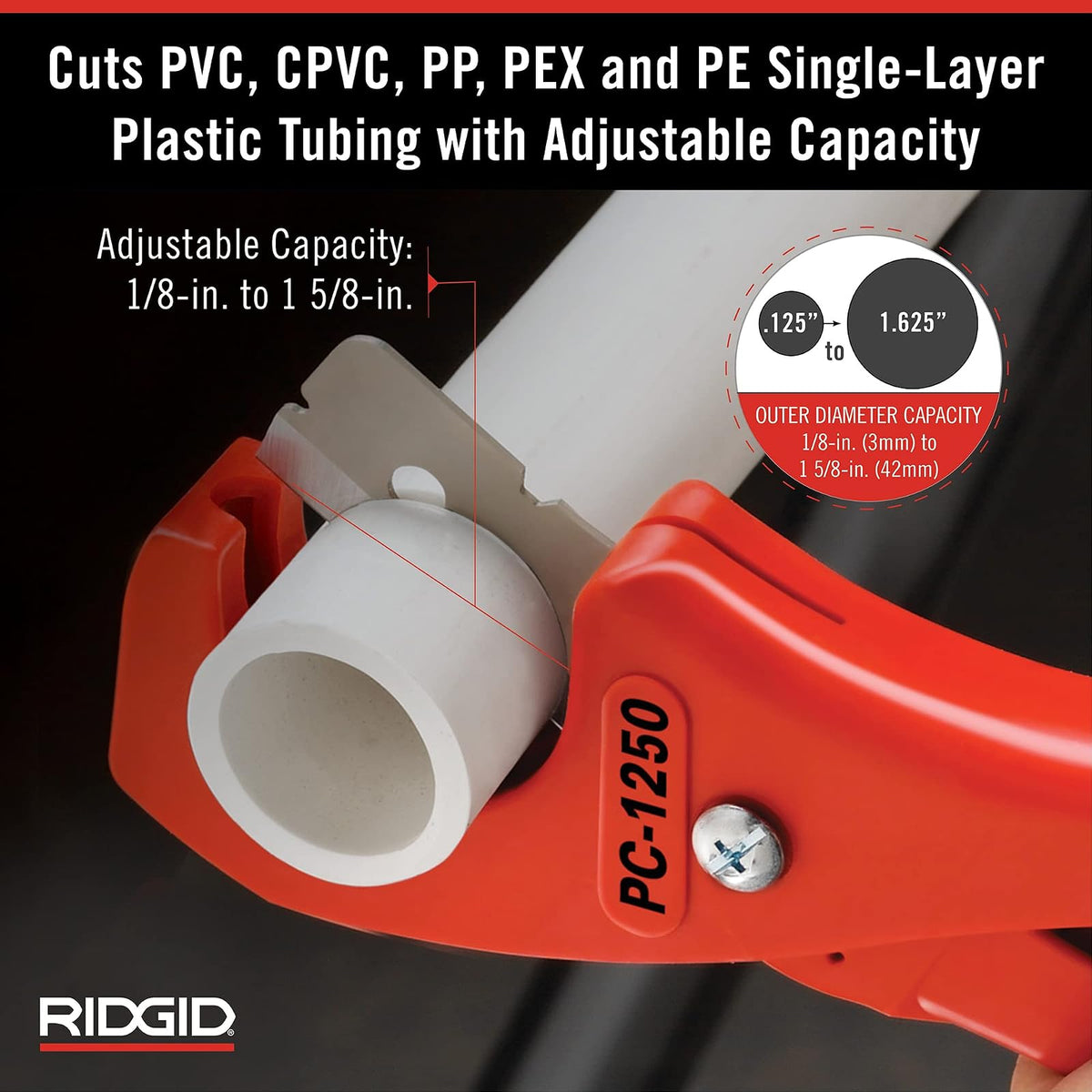 RIDGID - Cortador PC-1250, Mangos de Tijera, Para Tuberías y Tubos Plásticos, Cuchillas Reversibles, Rojo