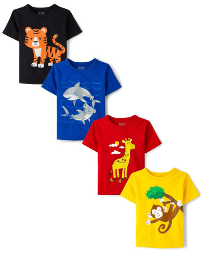 The Children's Place The Children's Place - Camiseta de Manga Corta para bebés y niños pequeños, Paquete de 3 Camisa para bebés niños - Tigre - Jirafa - overol - Tiburón - 4T