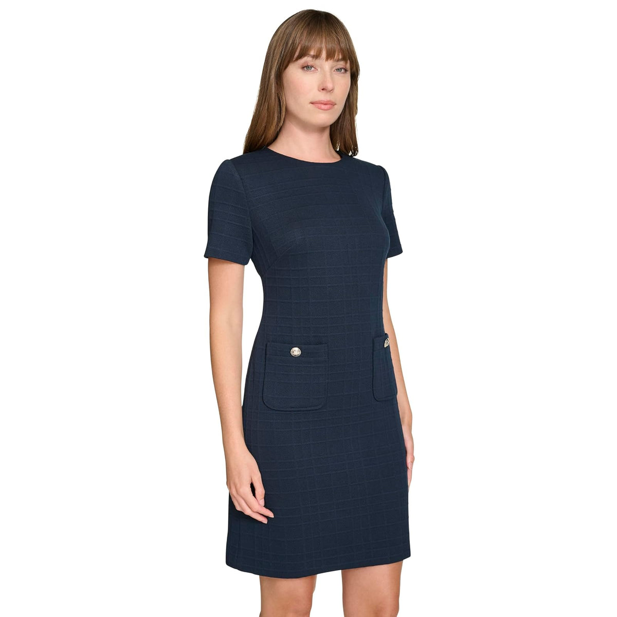 Tommy Hilfiger Short Sleeve High Neck Novelty Button Sheath Mini Dress Vestido Mujer