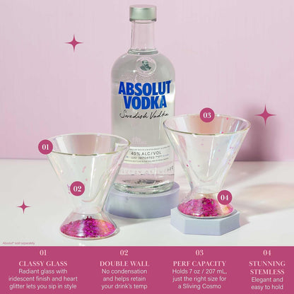 Paris Hilton - Juego de 2 piezas, diseño de vidrio de doble pared, para martinis, cócteles, cosmopolitanos, margaritas, 207 ml, 7 onzas, iridiscente con corazones de purpurina