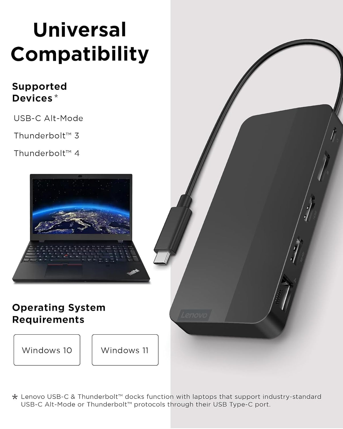 Lenovo USB-C Dual Display Travel Dock con Adaptador de Corriente de 100 W, 7 Puertos, Cable USB-C Integrado, compatibilidad Universal, Pantallas Dobles a 4K, Negro