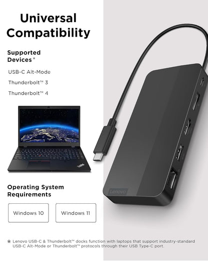 Lenovo USB-C Dual Display Travel Dock con Adaptador de Corriente de 100 W, 7 Puertos, Cable USB-C Integrado, compatibilidad Universal, Pantallas Dobles a 4K, Negro