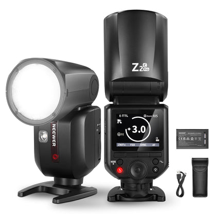 NEEWER Z2PRO-C 2,4G TTL Flash Speedlite de Cabeza Redonda Compatible con Canon, 76W 1/8000s HSS Luz para Fotografía de Cámara con Interfaz de Usuario Mejorada 2 Lámpara Modelado, TTL/M TCM Interruptor