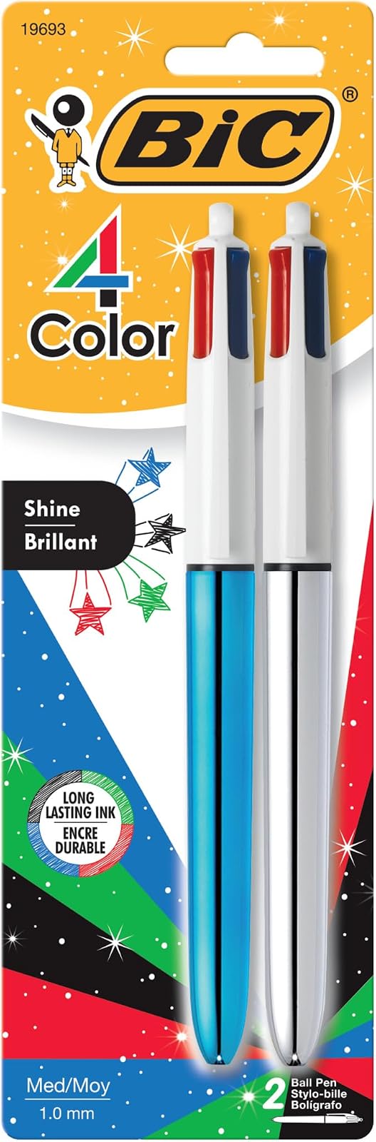 BIC 4-Color Shine Metallic Ball Pen, Medium Point (1.0 mm), Assorted, 2-Pack