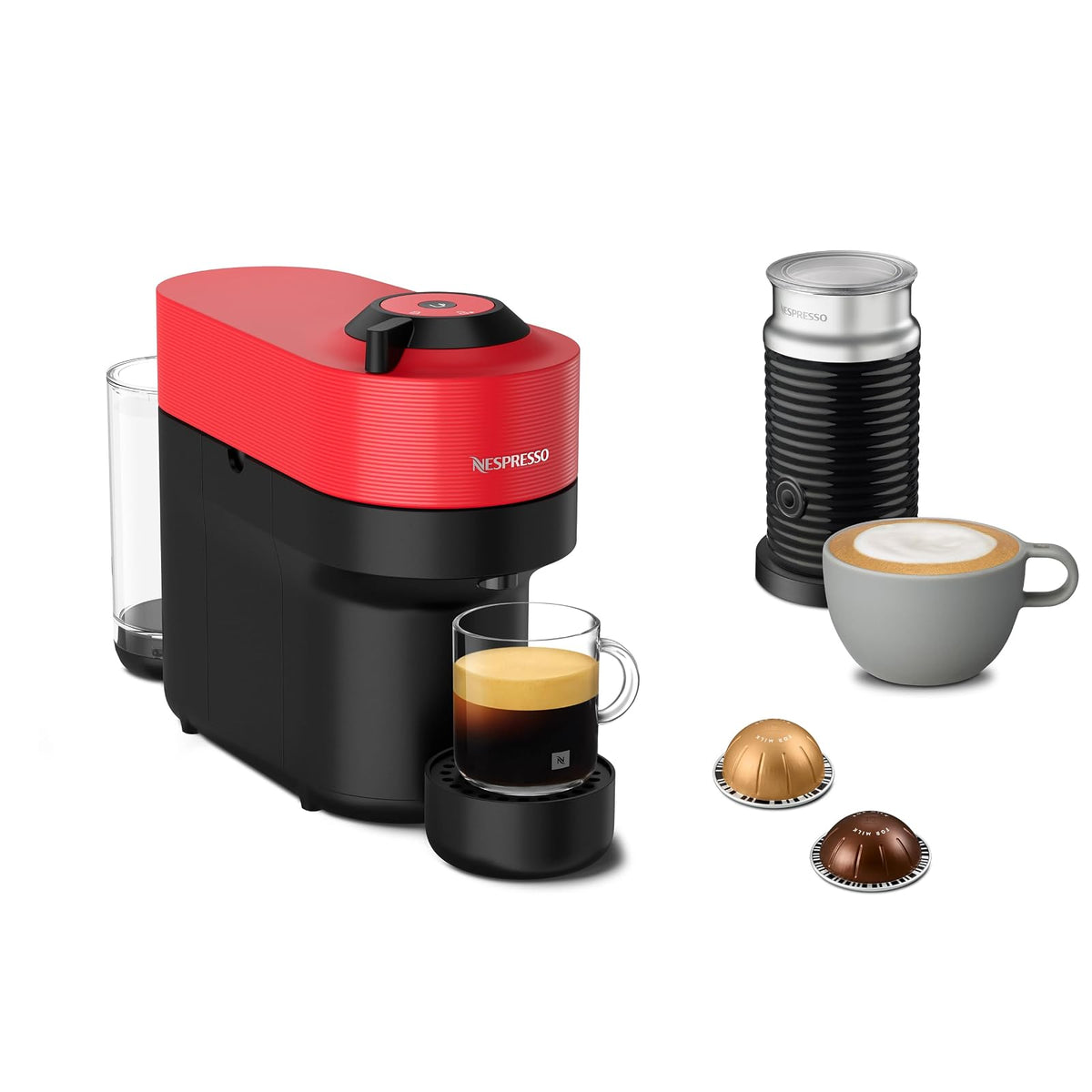 Nespresso Cafetera Vertuo Pop Negra con Espumador y 12 Cápsulas de Regalo - Vertuo Pop + Aeroccino 3 - Rojo