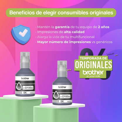 Brother Kit Botellas Tinta Negras InkBenefit Tank para Recarga BTD100BK2PK | Ultra Rendimiento 7,500 Páginas c/u, Original para multifuncionales InkBenefit Tank, Botellas Antiderrame
