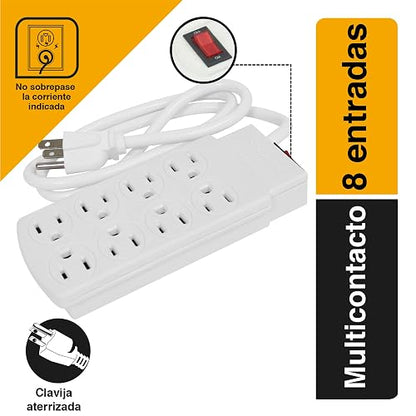 SANELEC, Extensión, Barra Multicontacto, 8 Entradas, Cable de 90 cm, Modelo 1310 + Genlit GL-XTDO6MB Extension Domestica, color Blanca, 6 m