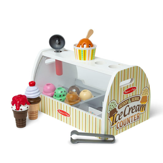 Melissa & Doug Mostrador de Heladería Preparar y Servir Helados, Juguete de Madera, Comida de Juguete, Juego de Imitación (28 Piezas)