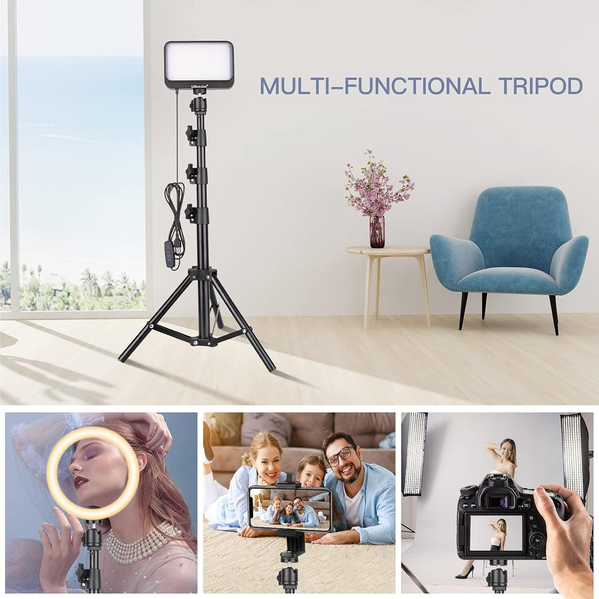UBeesize Kit de luz de Video LED, 2 Piezas de iluminación de fotografía portátil Continua Regulable con Soporte de trípode Ajustable y 5 filtros de Color para Tomas de Mesa/ángulo bajo