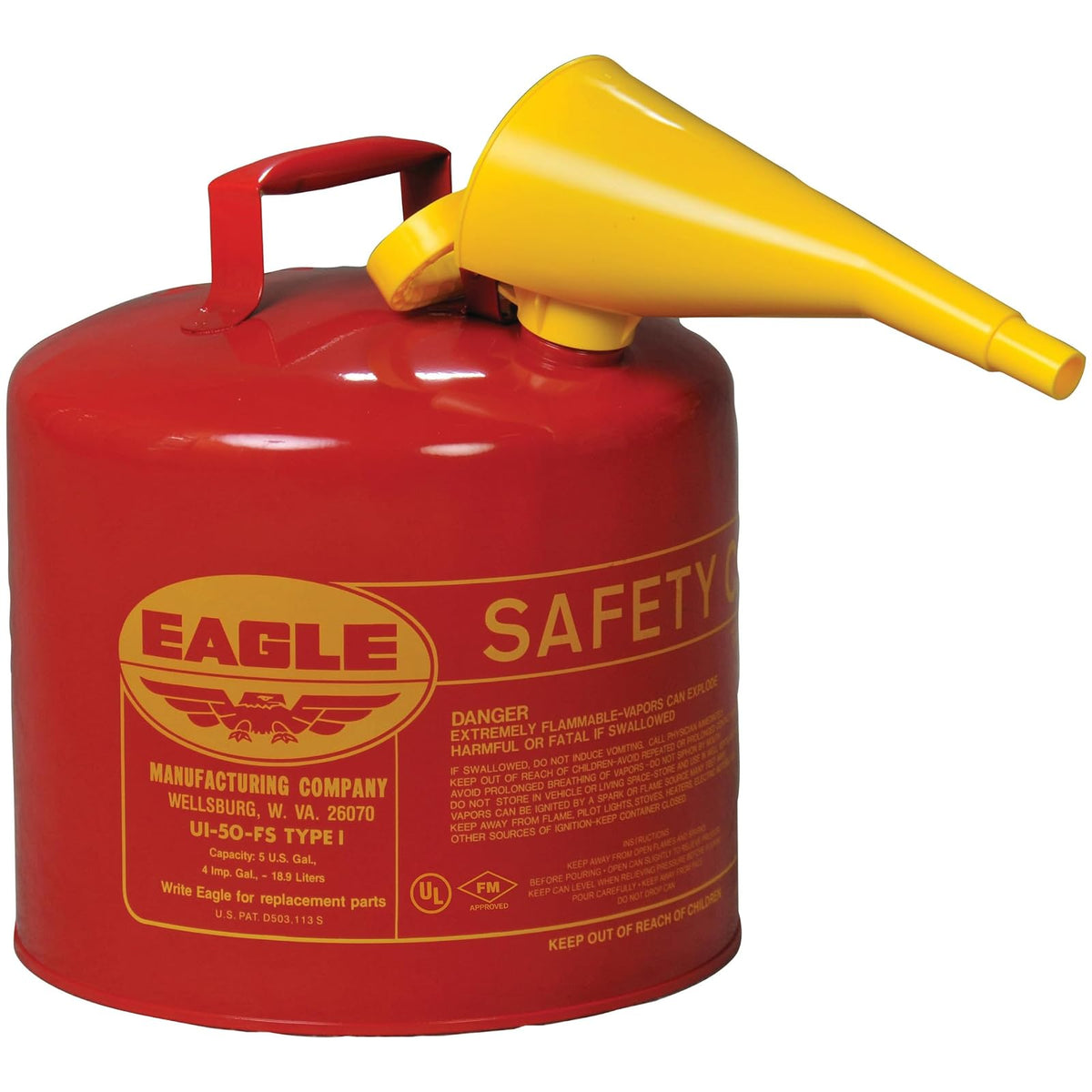 Eagle UI-50-FS lata de seguridad de gasolina de acero galvanizado rojo, tipo I, con embudo, capacidad de 5 galones, altura de 13.5 pulgadas, diámetro de 12.5 pulgadas