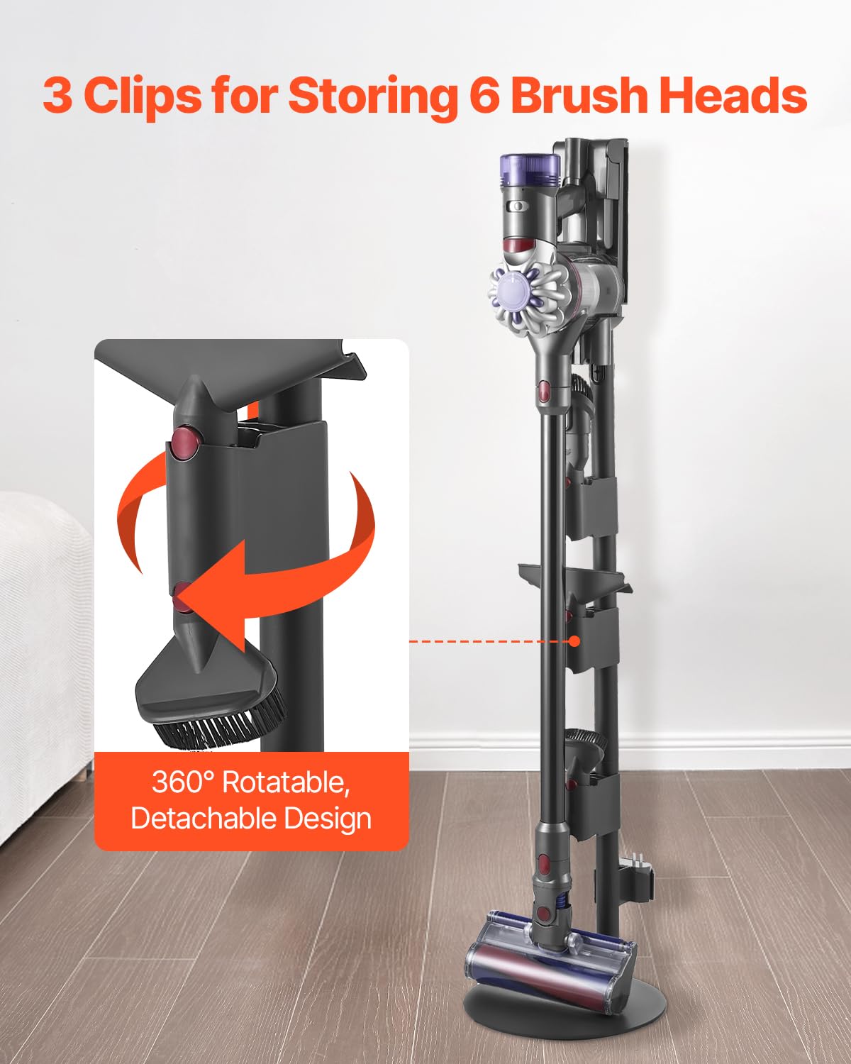 VEVOR Soporte de Aspiradora Compatible con Aspiradoras Verticales y Accesorios de las Series V7, V8, V10, V11, V12 y V15 Soporte Estable con 4 Almohadillas Antideslizantes, 3 Clips para 6 Cabezales
