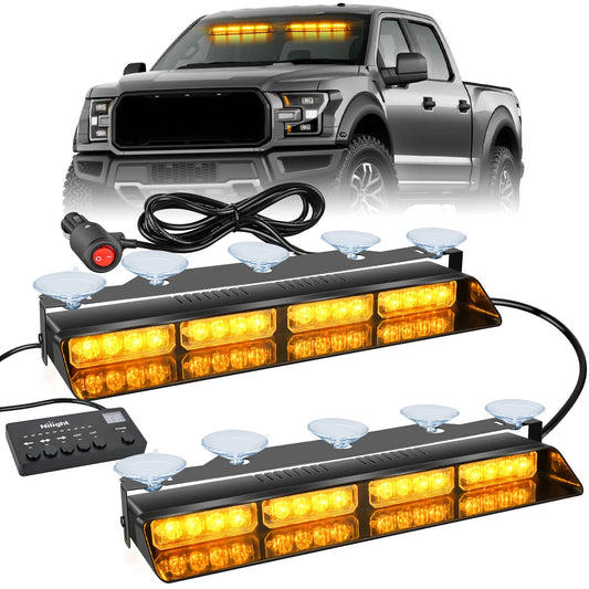 Nilight 32LED Amber Emergency Dash Strobe Lights with Controller Suction Cups Warning Hazard Interior Front/Rear Windshield Deck Split Light Bar for Trucks Construction Vehicles | Barra de luz dividida para cubierta de parabrisas delantero/trasero para ca