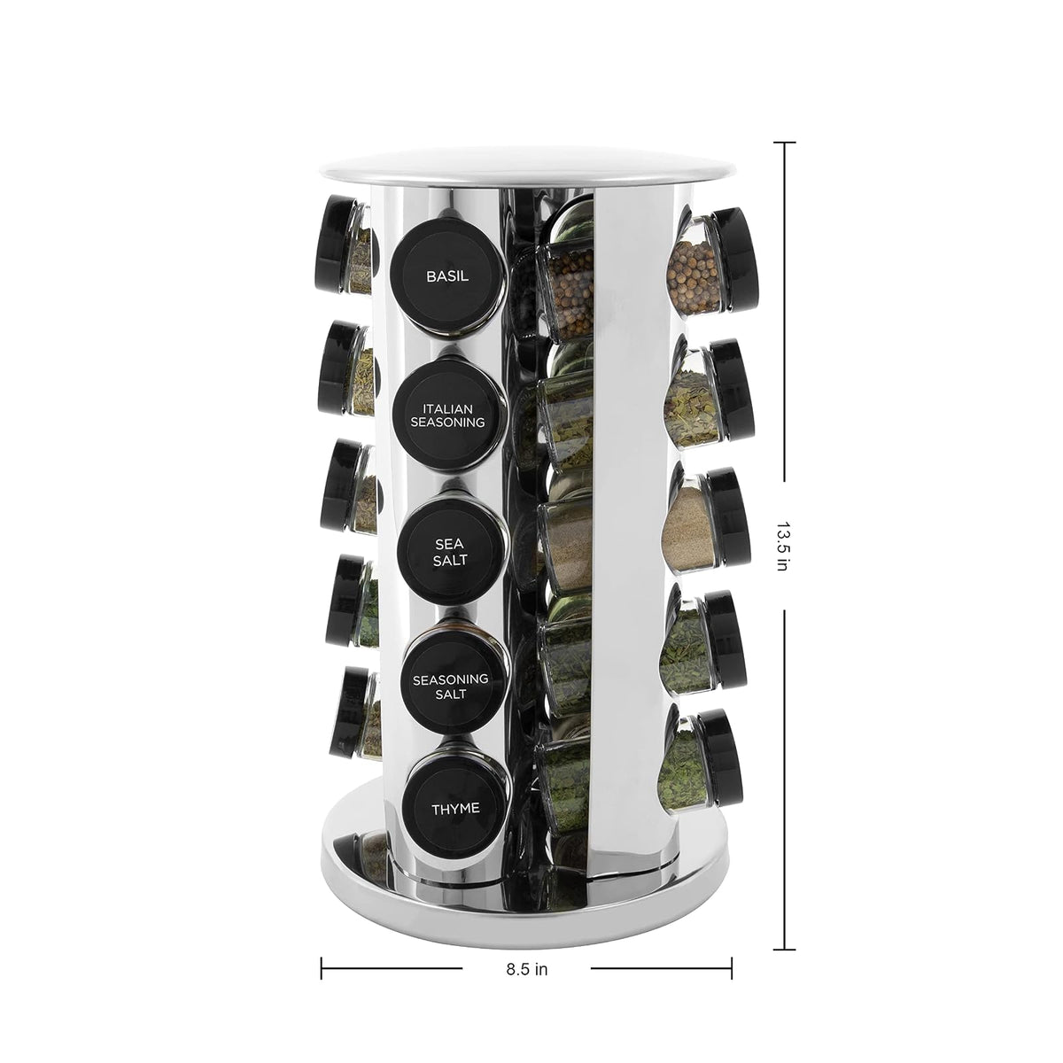 Kamenstein Organizador Giratorio de Torre para encimera de 20 tarros con recambios de Especias Gratis para 5 años, Acero Inoxidable Pulido con Tapas Negras